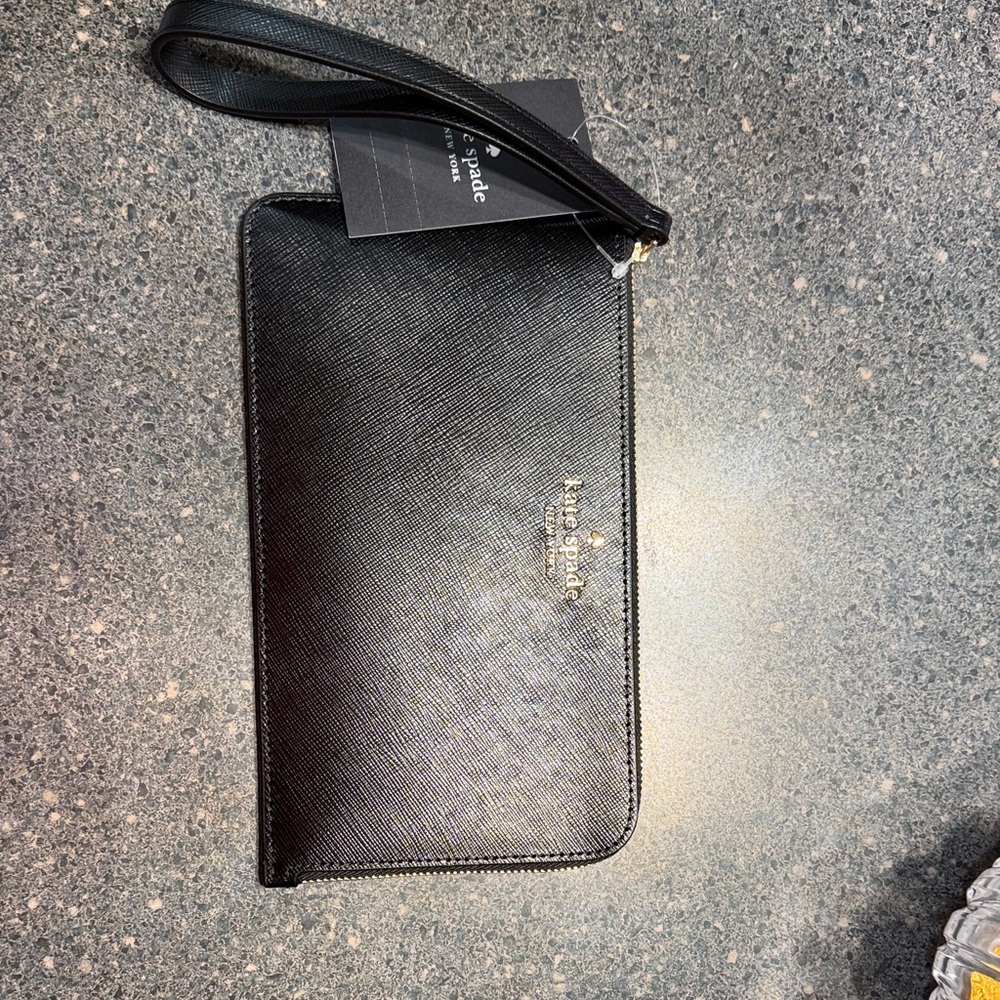 kate spade Black Saffiano Leather Zip Wristlet with Gold Logo